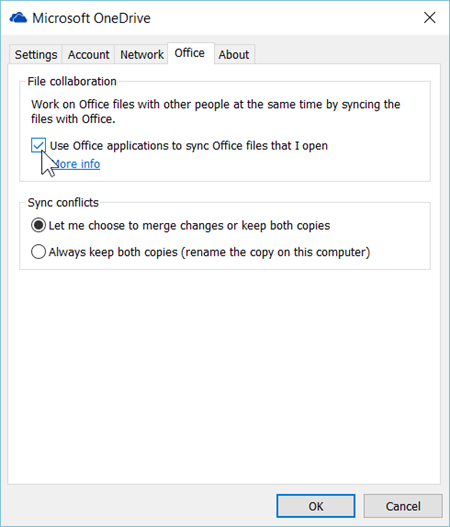 Screenshot of the Office tab in Settings for the OneDrive sync client