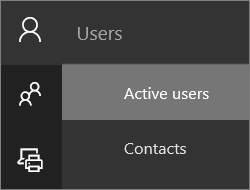 Screen shot of the Users menu in the new Office 365 Admin Center, with Active users selected.