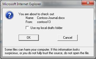Message box that offers the opportunity to keep checked out file in a local drafts folder