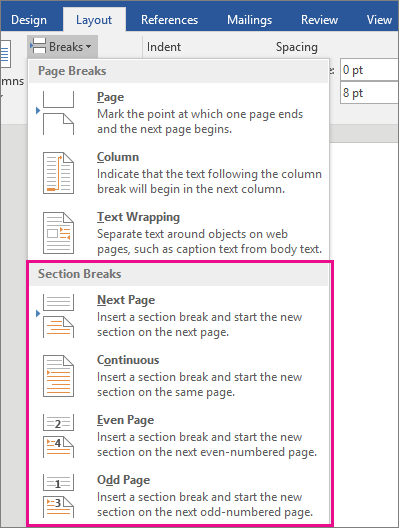 The types of section breaks are highlighted on the Layout tab.