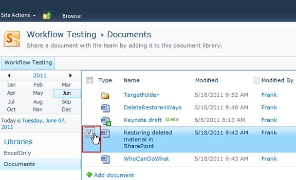 Check box for one library document selected