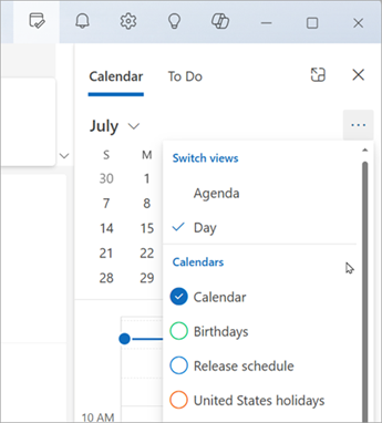 Select Switch views to display the Agenda view or Day view. Here's where you can also choose which calendars to display.