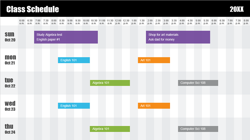 Screenshot of a class schedule template