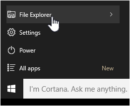 Start menu with File Explorer highlighted