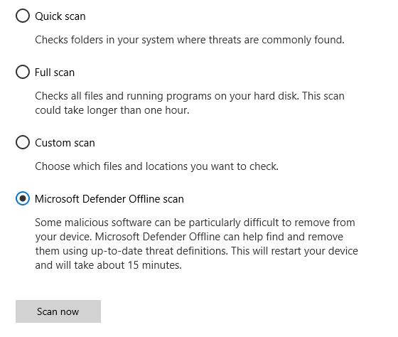 The Scan options dialog showing Microsoft Defender Offline scan selected.