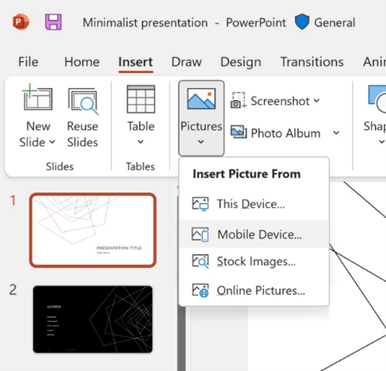 Screenshot della funzionalità di inserimento di un'immagine da un dispositivo mobile in PowerPoint.