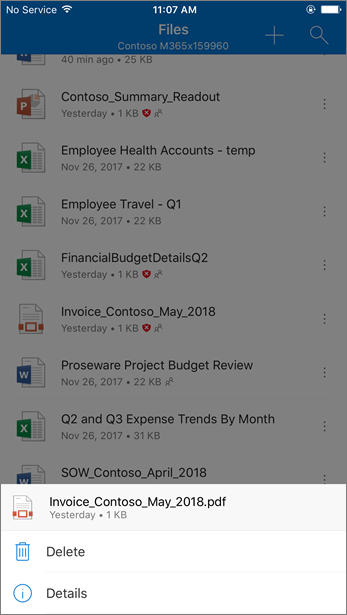 Screenshot of deleting a blocked file from OneDrive for Business from the OneDrive mobile app