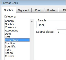 Percentage category in the Format Cells dialog box