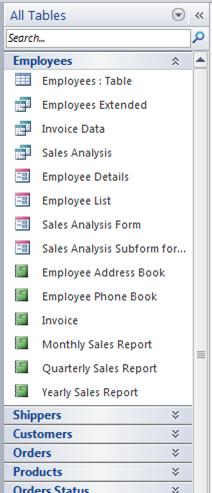 Navigation Pane displaying the All Tables group of the Tables and related views category in Northwind sample database