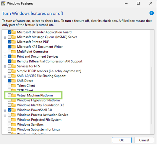 Windows features window with the virtual machine's Platform folder displayed
