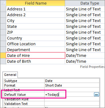 Setting the default value of a Date/Time field in an Access table.