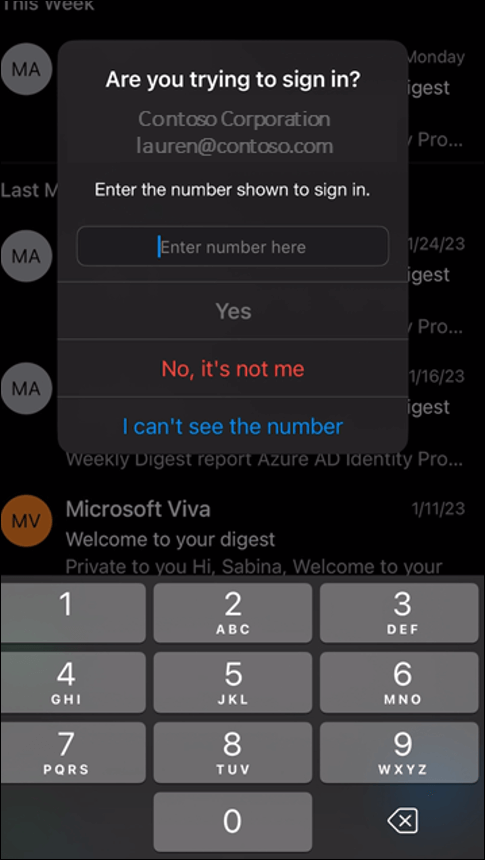 An authentication prompt in Outlook, waiting for the user to type in the number shown by the site they're trying to sign into.