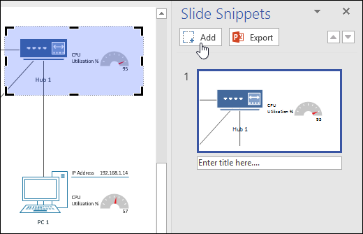 Screenshot of the Slide Snippets pane in Visio. The Add button is being clicked.