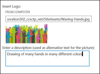 SharePoint Online new site title and logo dialog, showing how to create alt text for logo image