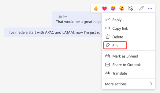 Screenshot showing how to pin a chat message