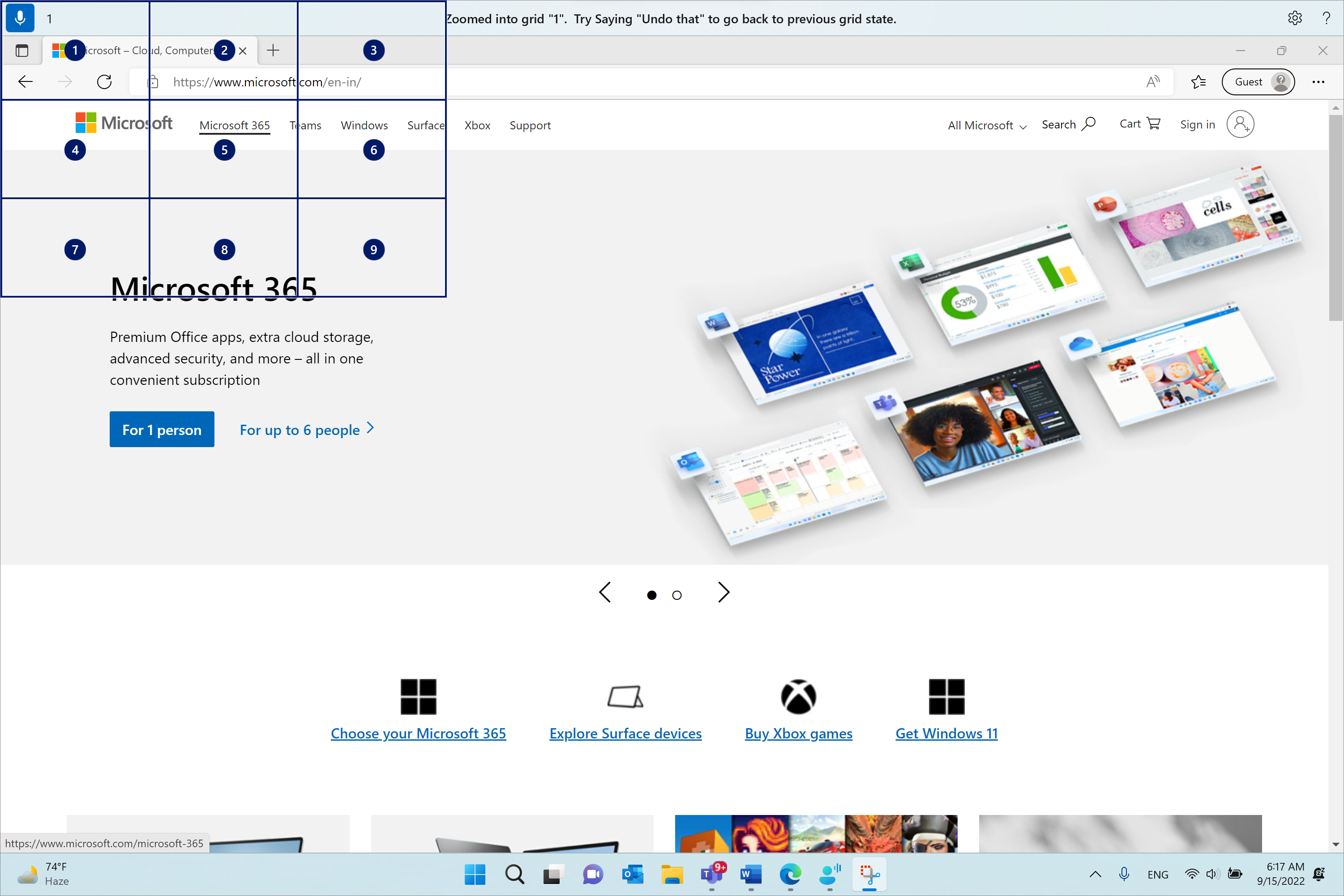 Microsoft Edge is open and on the Microsoft.com page. The voice access bar is on top and in listening state. The command issued is “1” and the feedback displayed is “Zoomed into grid “1”. Try saying “undo that” to go back to previous grid state.”