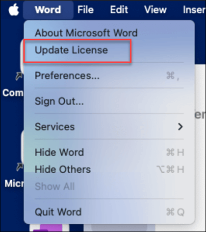 Locating the Update License button in Microsoft Word on MacOS.