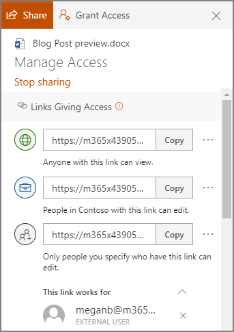 Screenshot of the manage access panel showing sharing links.