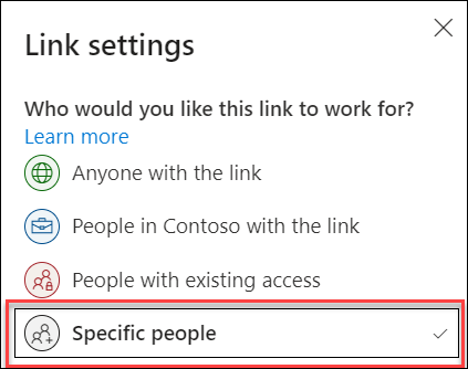 Link setting in OneDrive with Specific people option highlighted.