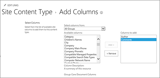Add existing columns to content type