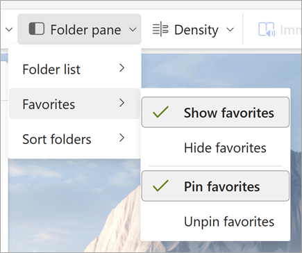 Screenshot of Folder pane dropdown with Show favorites and Pin favorites selected