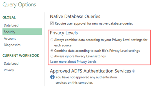 Power Query - Set to disable Privacy Level prompts at machine level (including Registry Key)