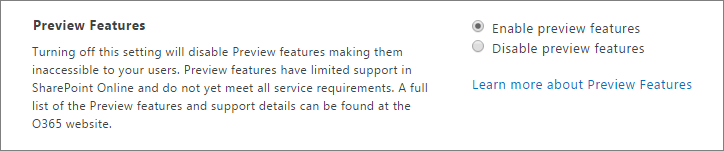 Preview Features setting in SharePoint Admin Center