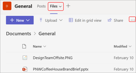 Screenshot of the Files tab and Open in SharePoint option in Microsoft Teams,