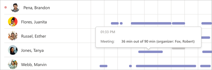 Screenshot of digital activity chart in insights. Mouse hovers over a purple line bringing up data on how much time the student participated in the meeting