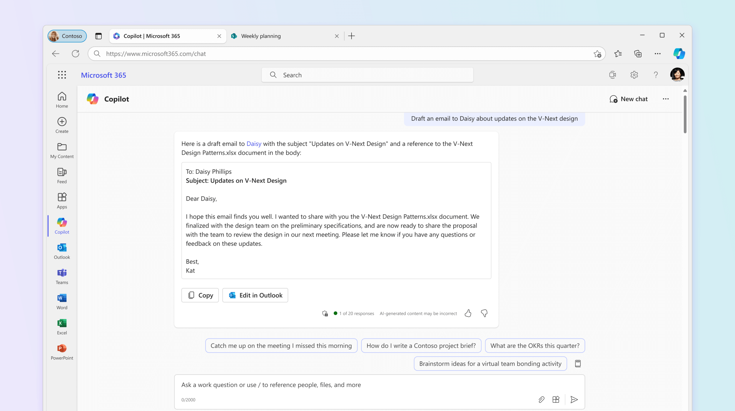 Screenshot shows Microsoft 365 Chat drafting an email.