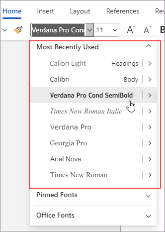 Most recently used fonts