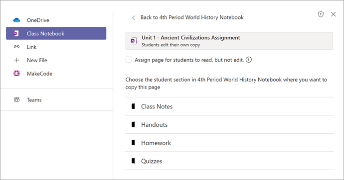 Assign page as an assignment in Teams using OneNote Class Notebook