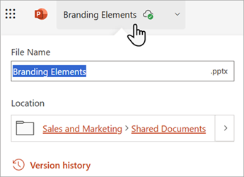 Screenshot showing how you can click on a file name to rename it in an Office web app.