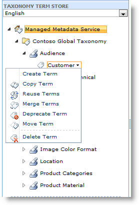 Use the menu to manage terms within a term set.