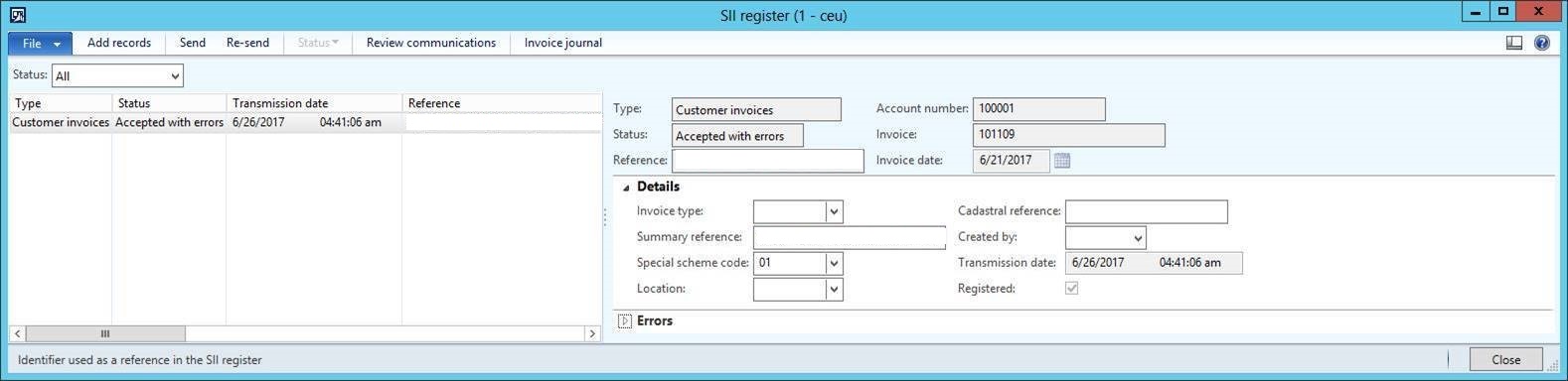 SII Register Customer invoice