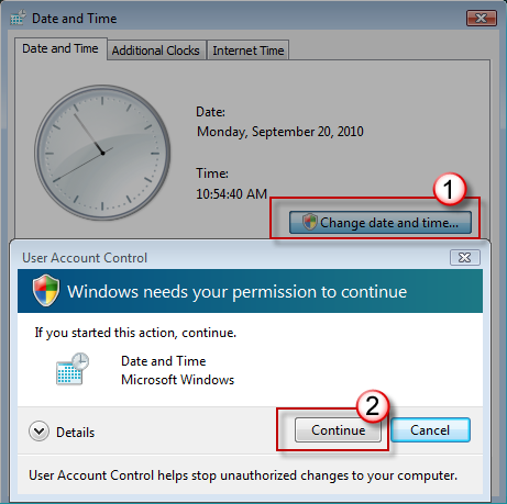 Click Change date and time in the Date and Time dialog box. When the User Account Control dialog box opens, click Continue.