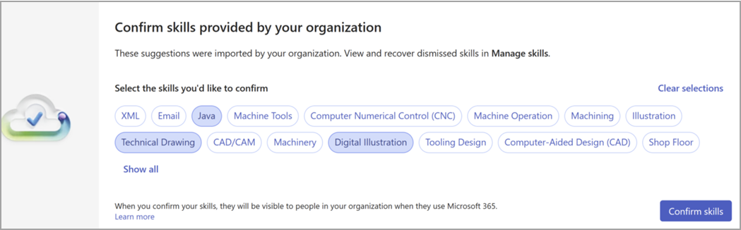 A screenshot of the section in which you can confirm suggested skills imported by your organization.