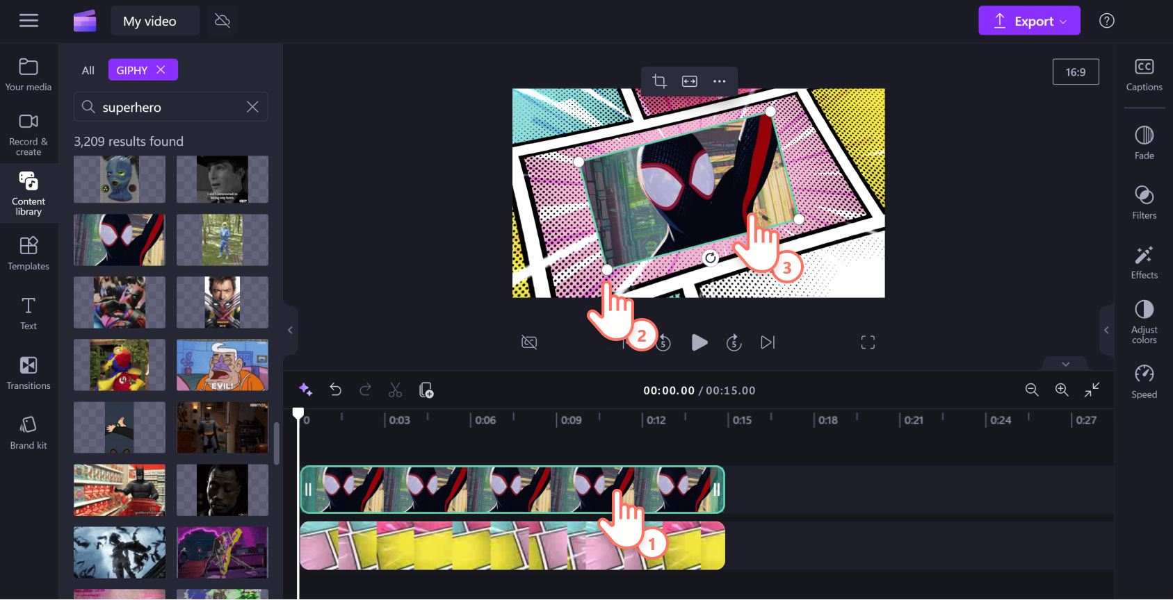 An image of a Clipchamp user resizing a GIF in the video editor.