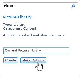 Create picture library dialog with More Options highlighted