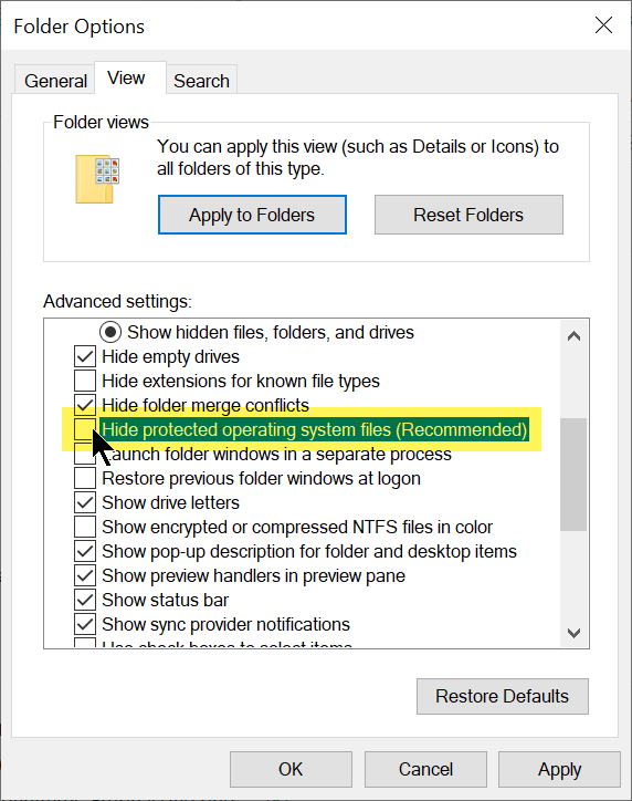 In Folder Options, under Advanced Settings, temporarily clear the option named Hide Protected Operating System Files.