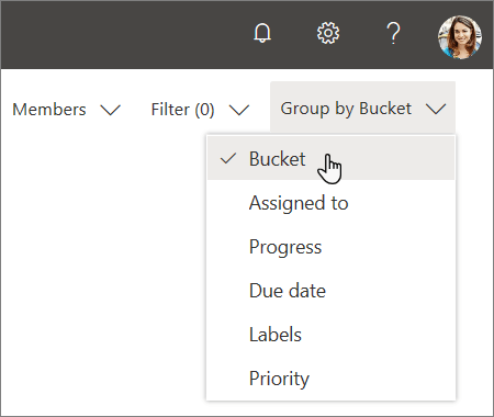 Screenshot of the Group by drop-down in Planner, choosing Bucket