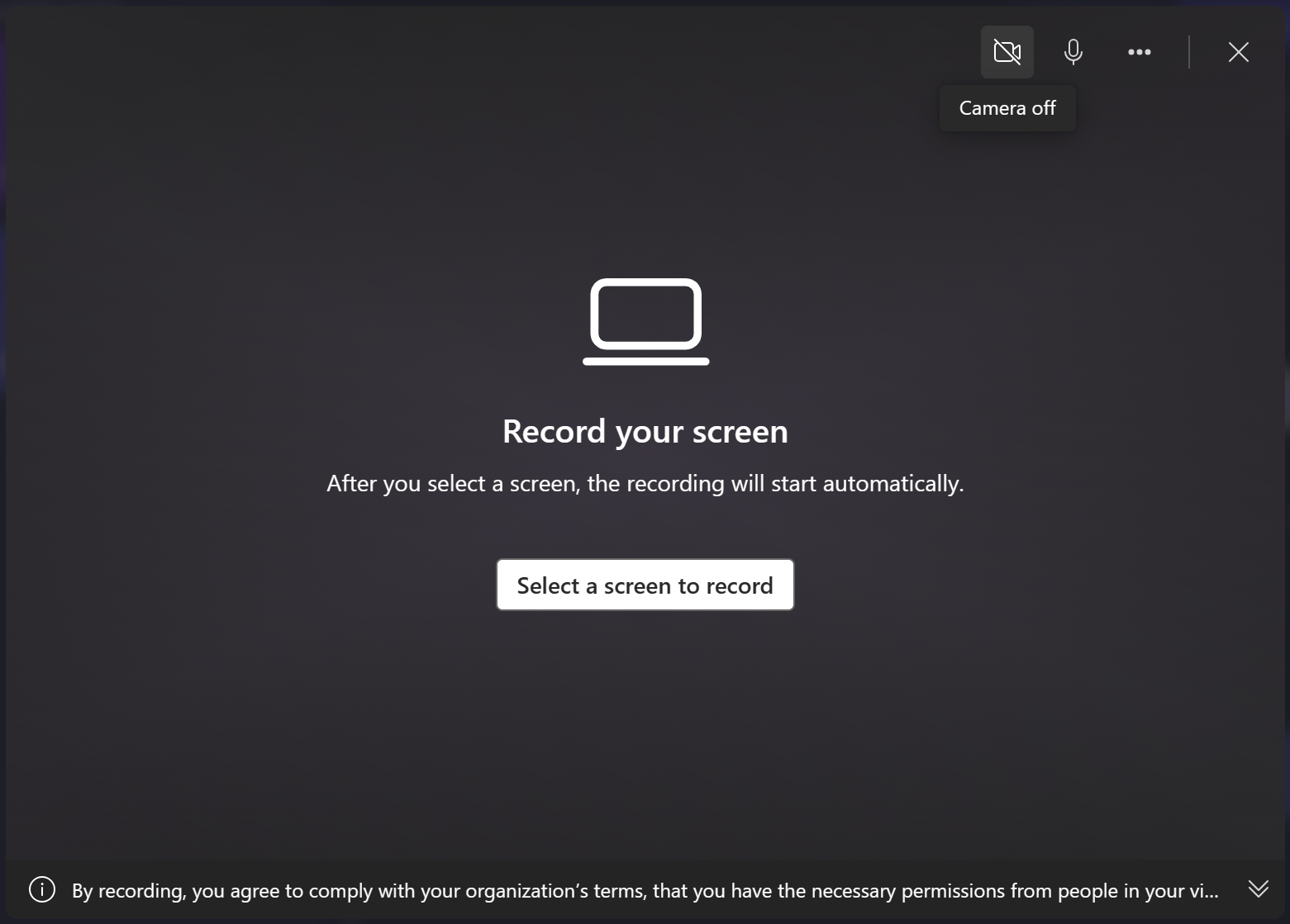 Select a screen or browser tab and enable or disable the camera to start a screen recording in Clipchamp's work version