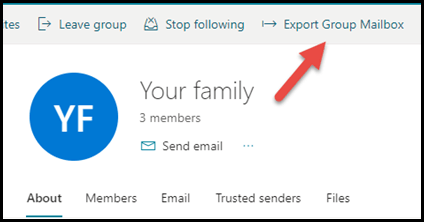 The group card in Outlook.com with an arrow pointing up and right to Export Group Mailbox.