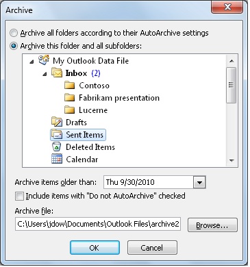 foldery archiwalne w programie Outlook express