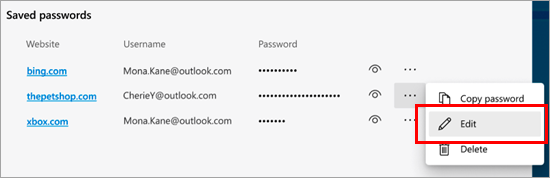 List of saved passwords