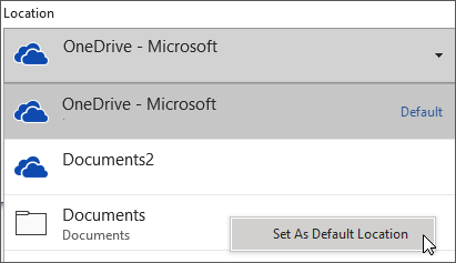 The File Save dialog in Office 365 showing the folder list expanded so the customer can change the default save folder