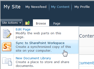 Sync to SharePoint Workspace command on the Site Actions menu