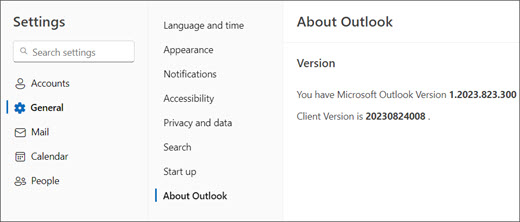 Image of new Outlook for Windows version information with 'General' and 'About Outlook' highlighted.