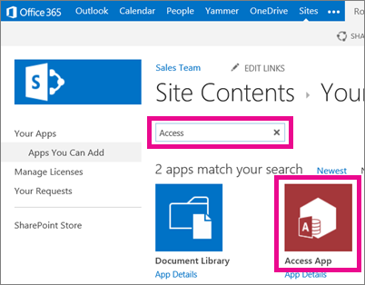 Searching for an Access app from the Add an app page in SharePoint