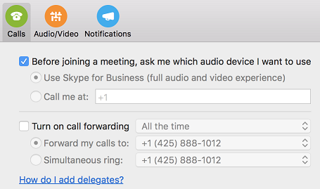 'How do I add delegates?' help link in Calls page of Preferences dialog box